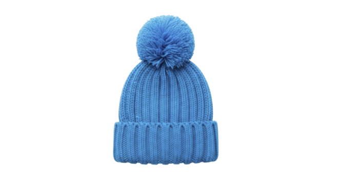 Single blue knitted winter hat with a fluffy pompom isolated on a transparent background, PNG image