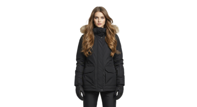 Young woman wearing black winter parka with fur hood and gloves on a transparent background, PNG image