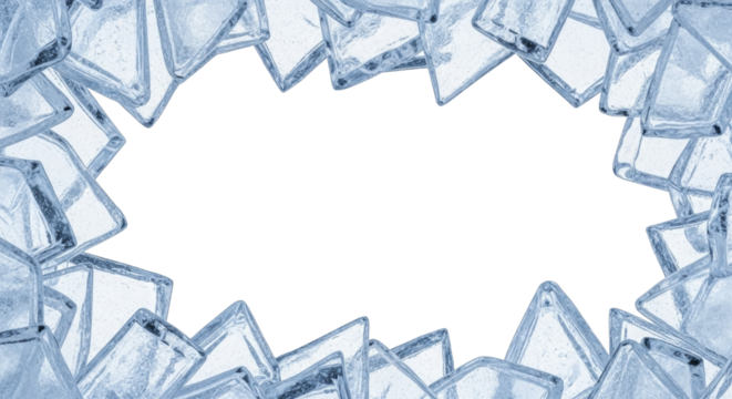 Heap of transparent ice cubes forming a cool icy frame on a transparent background PNG image PNG file for refreshing winter projects