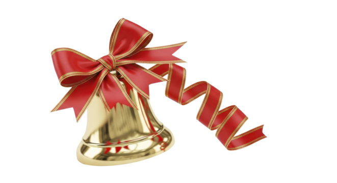 Festive Golden Christmas Bell with a Red Ribbon Bow and Curly Tail on a Transparent Background PNG File