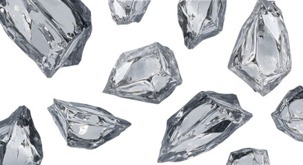  Scattered dark gray irregular ice shards with reflective surfaces and angular facets on a transparent background PNG image