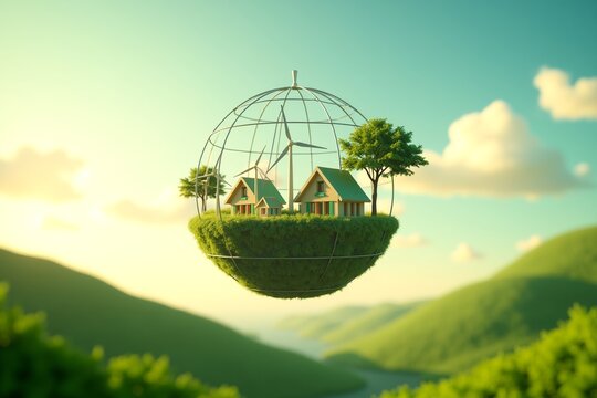 Floating eco-village in spherical cage, green hills below. Wind turbines power sustainable homes under soft sky clouds.