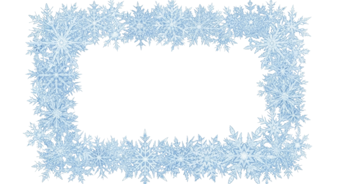 Intricate ice crystal snowflakes forming a decorative rectangular frame on a transparent background PNG image, perfect for winter holiday designs