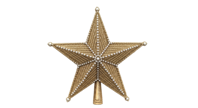 Gold glitter Christmas star tree topper ornament with pearls on a transparent background, PNG image, PNG file