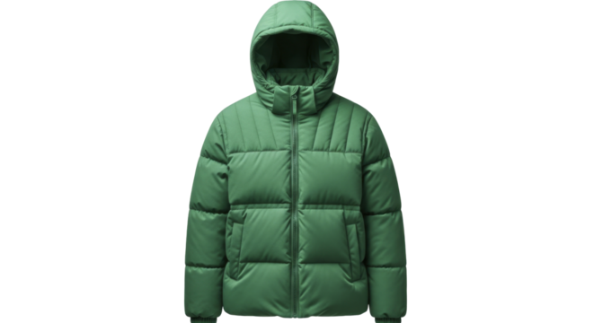 Full view of a modern green puffer jacket with a hood, isolated on a transparent background, PNG image, warm winter outerwear clothing item, zipped coat