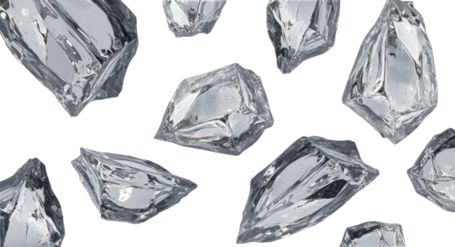  Scattered dark gray irregular ice shards with reflective surfaces and angular facets on a transparent background PNG image