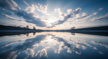 Serene lake reflecting a dramatic sky with clouds and setting sun rays