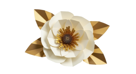  White cream paper flower with golden metallic leaves and ornate center on a transparent background PNG image PNG file isolated decoration