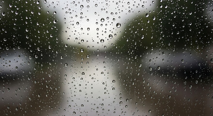 Raindrops clinging to a window pane obscuring the view of a blurry street and trees outside