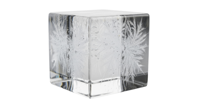 Clear frozen ice cube with intricate frosty patterns and air bubbles on a transparent background PNG image PNG file