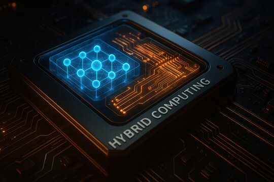 Futuristic hybrid processor showcasing advanced technology and intricate circuitry, symbolizing innovation in computing