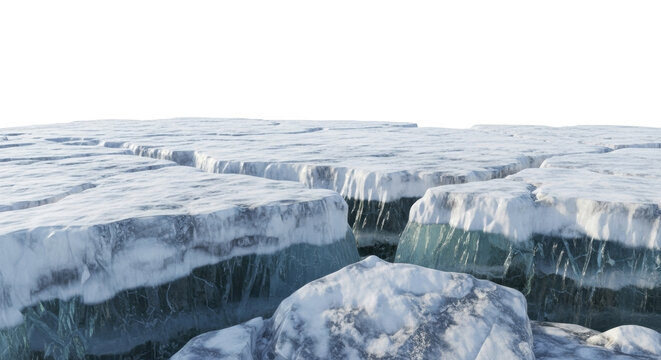 Cracked ice blocks with snow on a transparent background PNG image, frozen arctic landscape feature, winter glacier surface PNG file