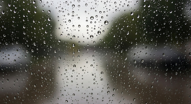 Raindrops clinging to a window pane obscuring the view of a blurry street and trees outside