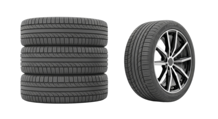 Stack of four new rubber automobile tires and a single car wheel with tire on a transparent background, PNG image, PNG file
