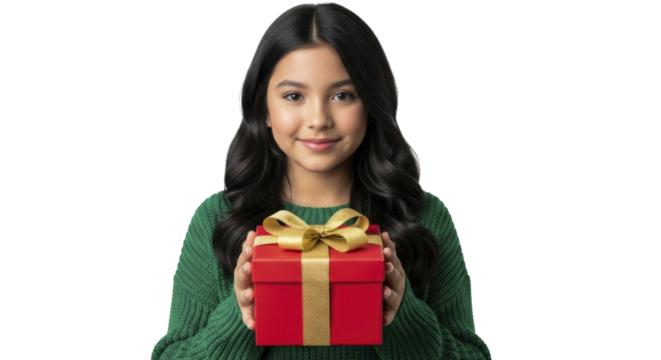 Young Asian girl smiling and holding a red gift box with a gold ribbon on a transparent background PNG image PNG file