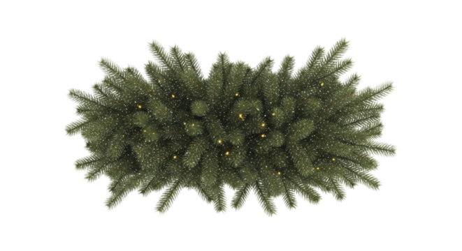 Green fir tree branches with glowing fairy lights and white snow on a transparent background PNG image PNG file