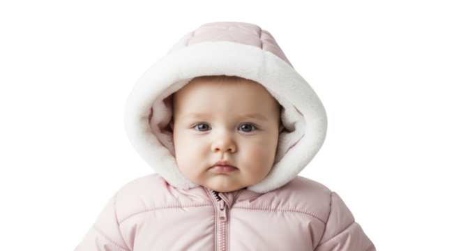 Sweet innocent baby wearing warm pink winter coat with fur hood on a transparent background PNG image PNG file