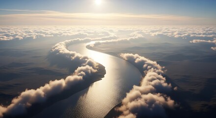 Aerial view of a river winding through clouds under the bright sunlight