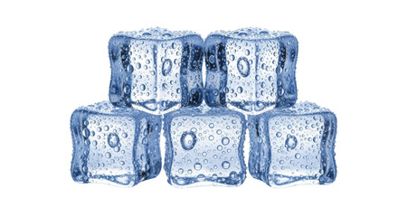 Five ice cubes with water drops, transparent PNG image PNG file, on transparent background.