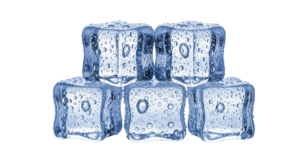 Five ice cubes with water drops, transparent PNG image PNG file, on transparent background.