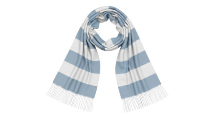 Light blue and white striped warm winter scarf with fringes on a transparent background, PNG image, PNG file