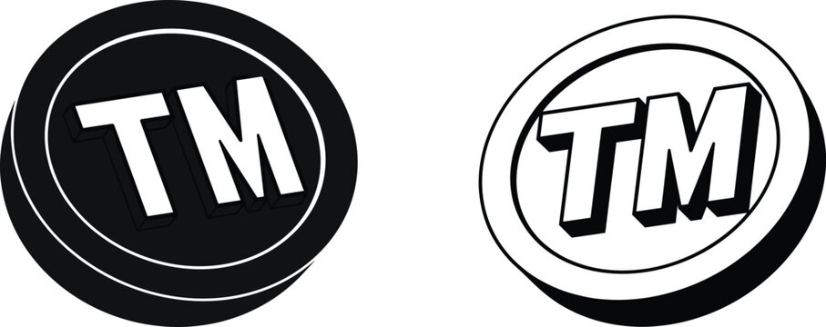 Embossed 3D TM trademark badge, black and white vector icons, circular trademark symbol set, bold logo mark, intellectual property branding visuals