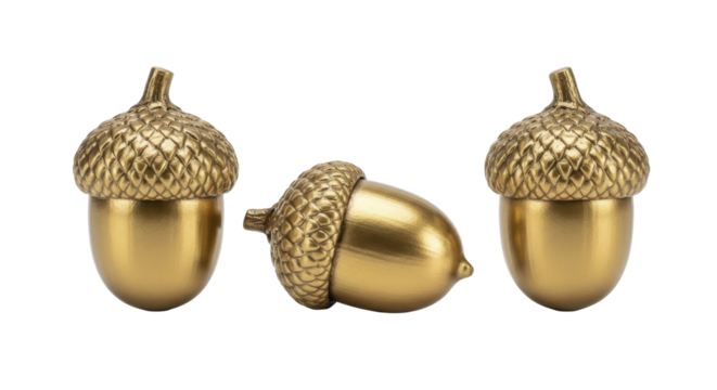 Three shiny golden acorns with textured caps on a transparent background, PNG image - Powered by Adobe
