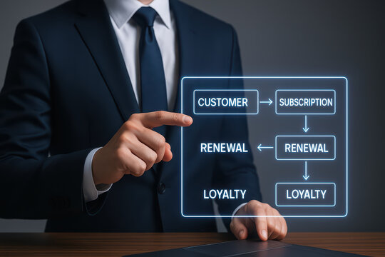 Businessman subscription customer loyalty renewal digital technology strategy marketing management professional corporate innovation connection