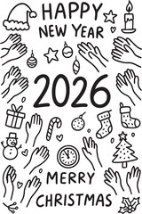 Obraz premium Happy new Year 2026 and Merry Christmas Hand Drawn Doodle style Elements silhouette vector illustrations