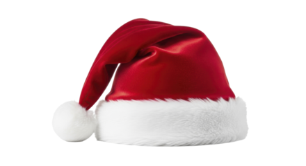  Red Santa hat with white fur trim and pompom on a transparent background, PNG image, festive winter headwear