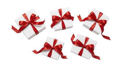  Five white gift boxes with red satin ribbons and bows on a transparent background, PNG image, PNG file