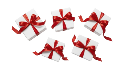 Five white gift boxes with red satin ribbons and bows on a transparent background, PNG image, PNG file