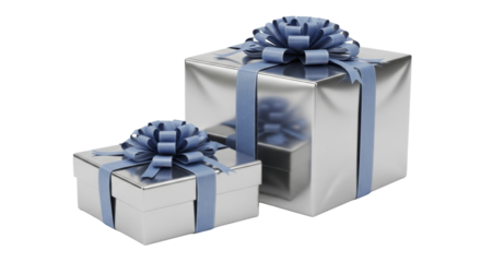  Silver gift boxes with blue ribbons and bows on a transparent background PNG file for festive celebrations