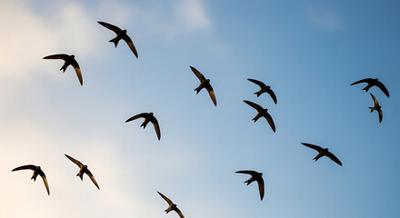 A flock of birds flying in a blue sky with some clouds in the background in a sunny day time shot