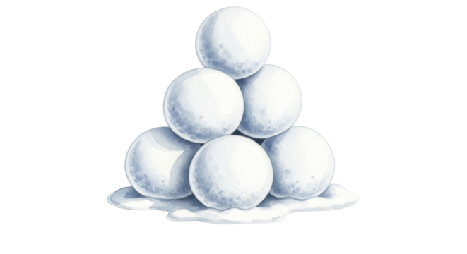 Pile of seven melting snowballs stacked in a pyramid shape on a transparent background PNG image