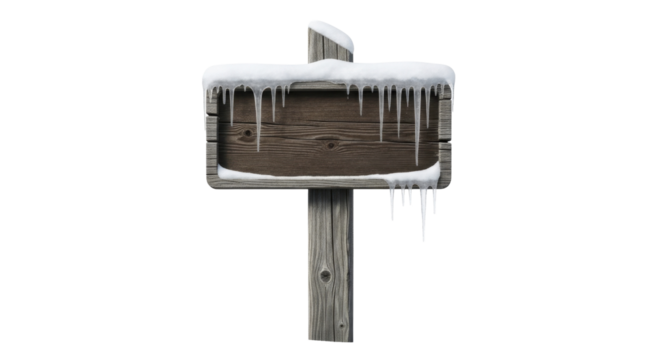  Winter wooden signpost with snow and icicles on a transparent background, PNG image