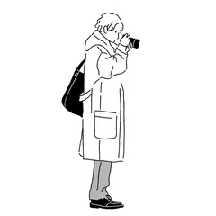 Monochrome line art – man taking a photo in coat