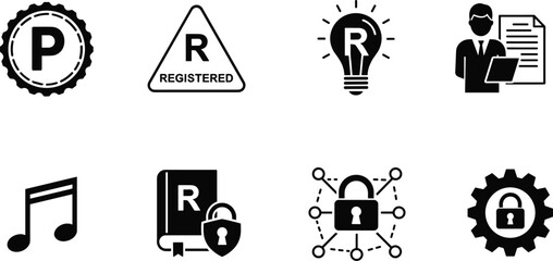 Intellectual property icons set, copyright and trademark symbols, patent and registered marks, digital security, music and publication protection, legal documentation