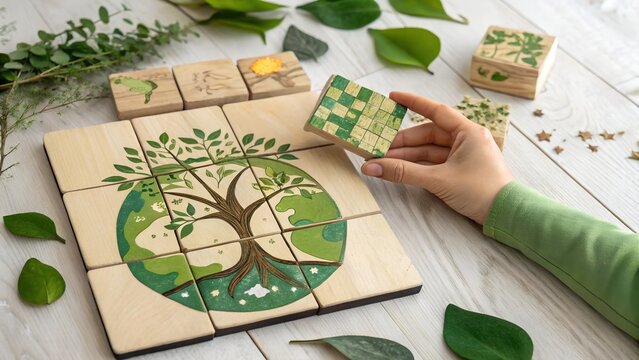 Child hand placing green pixelated wooden puzzle piece into circular tree earth globe design surrounded by fresh herb leaves on light table evoking eco-conscious playful learning - Powered by Adobe