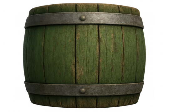 Wooden barrel in green color, vintage design with metal bands, object for storage or concept of aged traditions