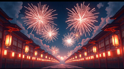Celebrate the New Year with stunning fireworks over a traditional Japanese village, glowing lanterns illuminating the path to a magical celebration