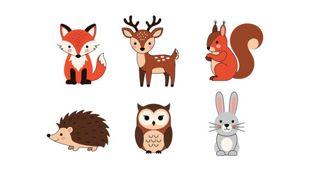 Naklejka premium Cartoon animals set illustration fox deer squirrel hedgehog owl rabbit