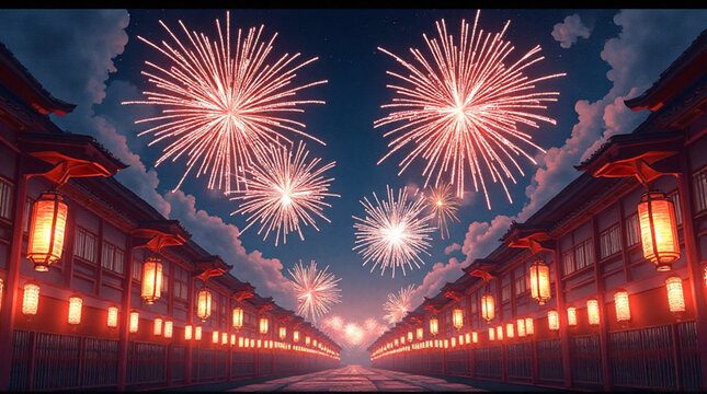 Celebrate the New Year with stunning fireworks over a traditional Japanese village, glowing lanterns illuminating the path to a magical celebration