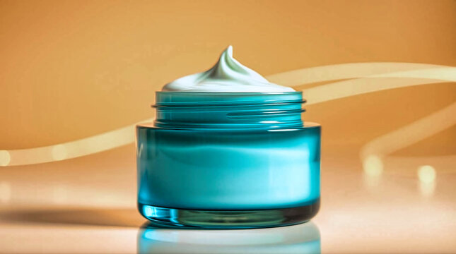 Luxuri&ouml;se Hautcreme im t&uuml;rkisfarbenen Glas &ndash; Beauty Produktfoto, Aqua Skincare Cream Jar on Peach Background, Kosmetik Verpackung Mockup &ndash; offene Creme im Glas