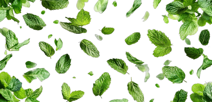 Green fresh mint leaves floating in the air