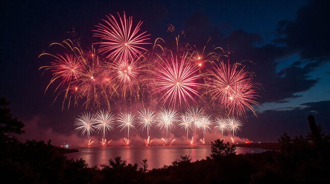 Spectacular fireworks display over tranquil waters, celebrating the Fourth of July with vibrant colors and dazzling explosions creating magical moments