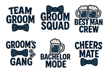 Bachelor party flat icon set. featuring bow tie, beer mug, groom, best man, cheers, and squad symbols