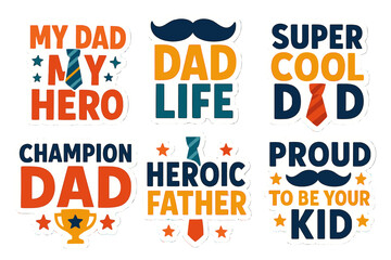 Father's day flat icon set. featuring ties, champion, dad life, hero, proud kid, super cool dad symbols