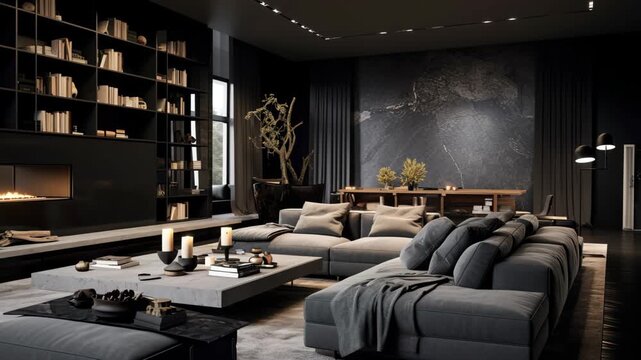 Interior design of spacious modern living room in dark gray style and marble walls
