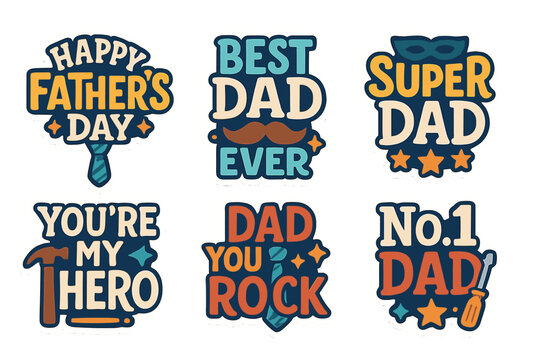 Father's day sticker icon set. featuring best dad, super dad, hero, you rock, no.1 dad phrases